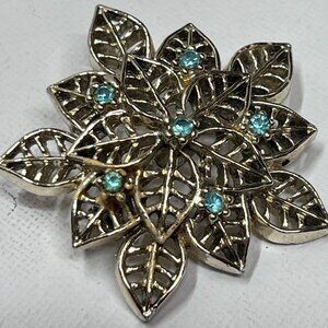 Vintage Gold Brooch with Blue Rhinestone Accents